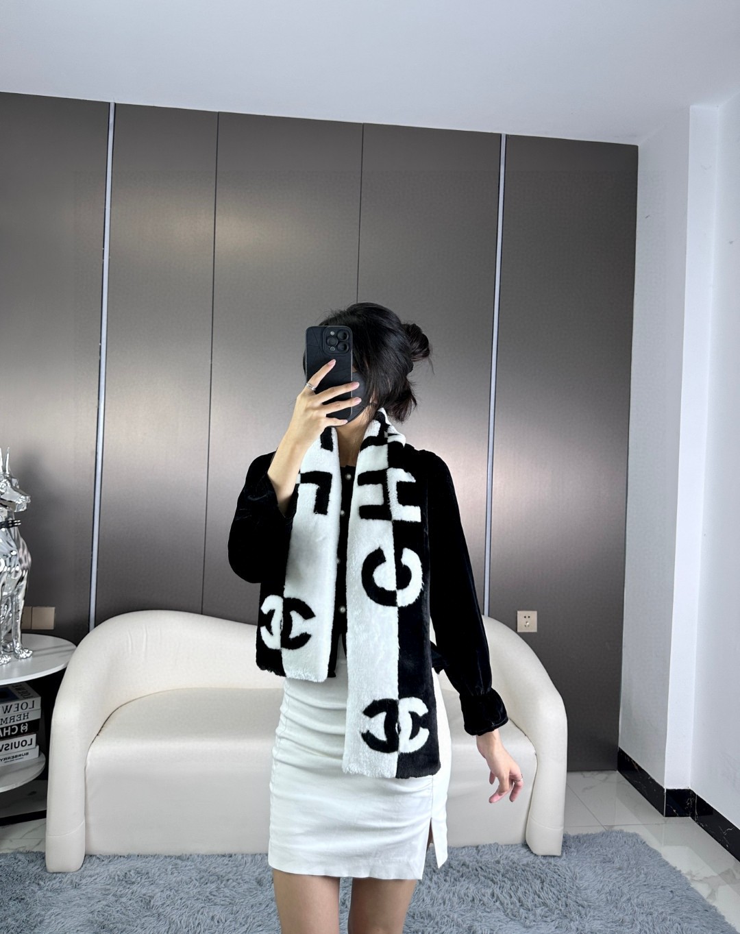 [TOP] CHANEL Scarf 20cm*120cm - White and Black