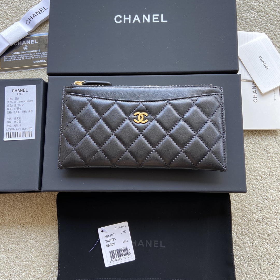 [TOP] CHANEL Wallet Lambskin 19.5×10×2cm - Black & GHW/SHW