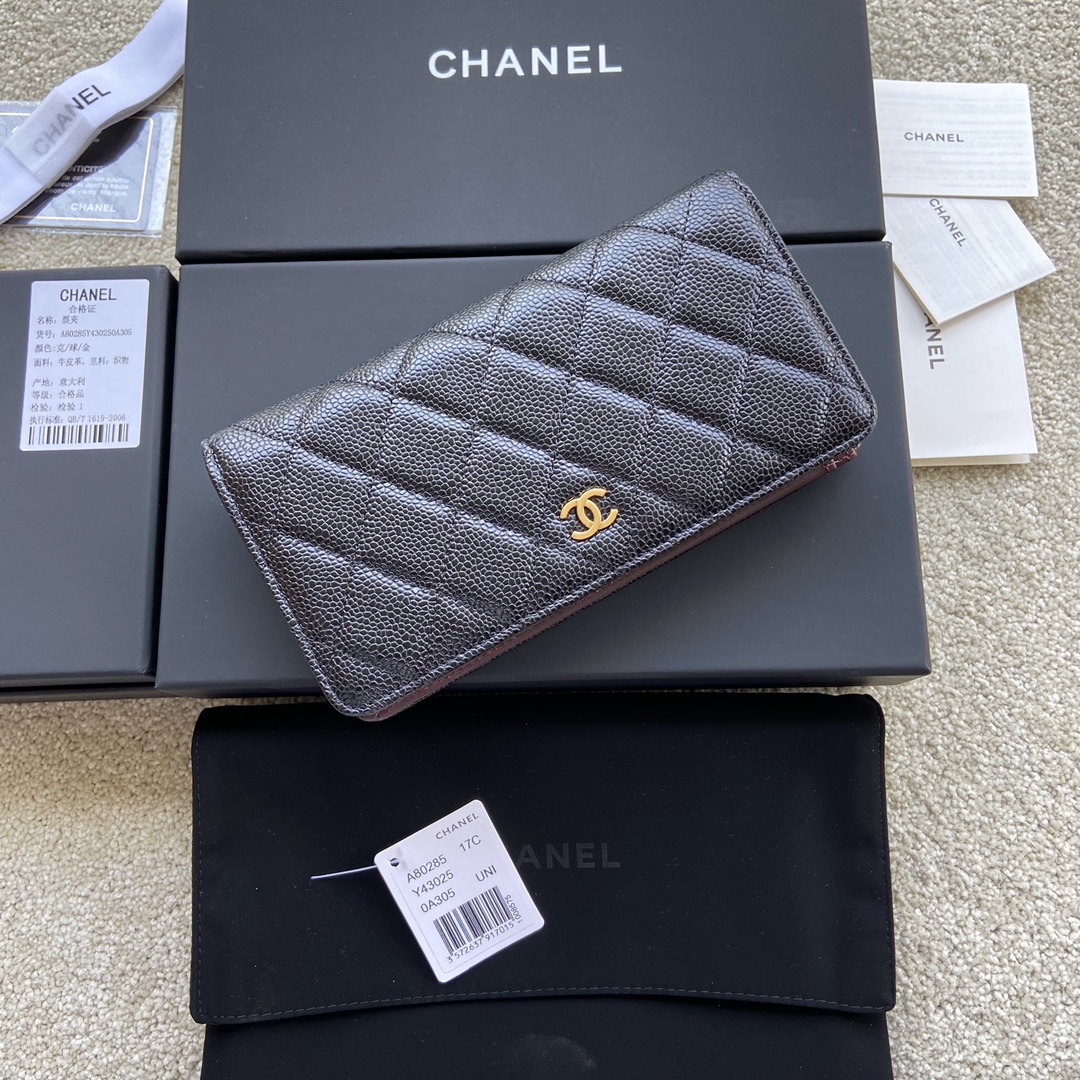 [TOP] CHANEL Wallet Grained Calfskin 18.5×10×2.5cm - Black & GHW/SHW