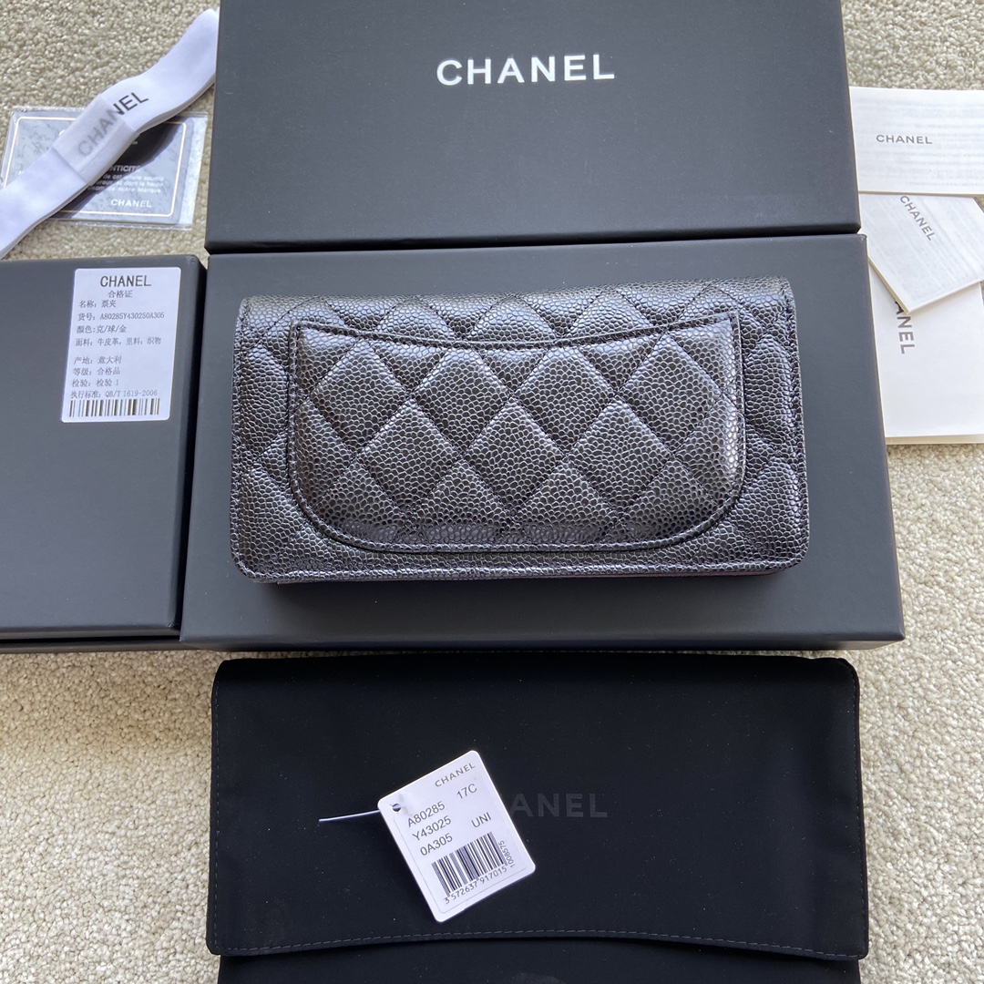 [TOP] CHANEL Wallet Grained Calfskin 18.5×10×2.5cm - Black & GHW/SHW