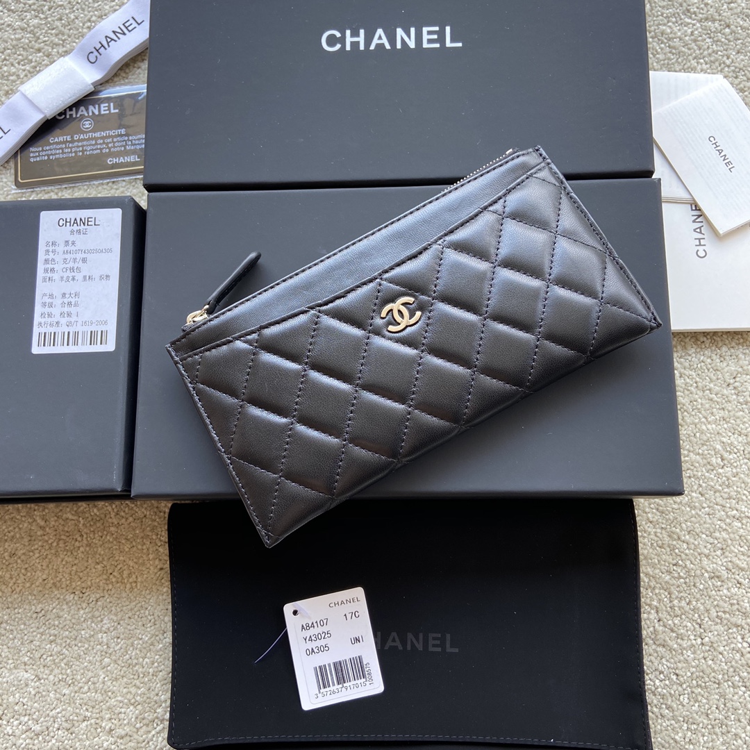 [TOP] CHANEL Wallet Lambskin 19.5×10×2cm - Black & GHW/SHW