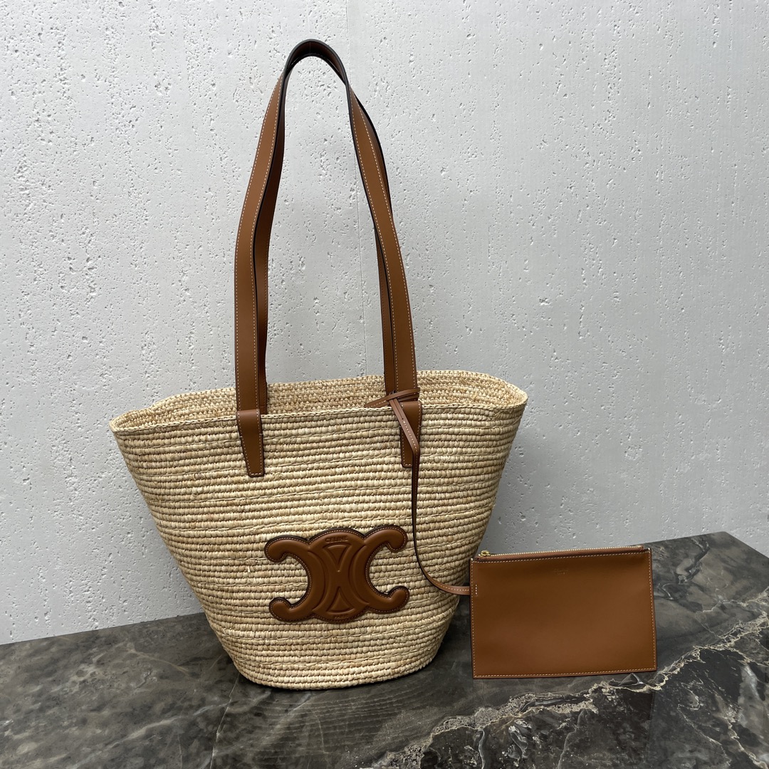 [TOP] CELINE Cow Leather Classic Straw Basket Bag 22*30*14CM - Apricot &Brown