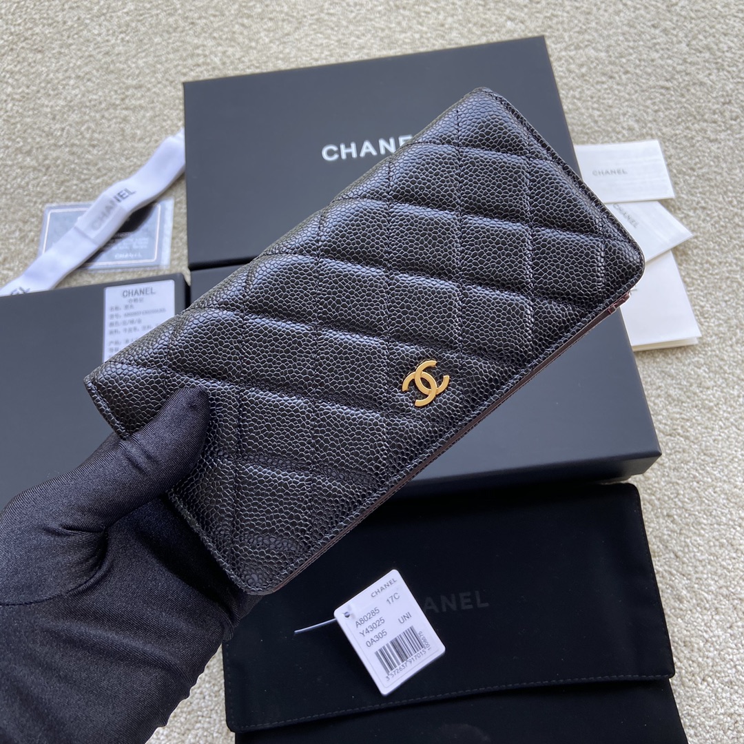 [TOP] CHANEL Wallet Grained Calfskin 18.5×10×2.5cm - Black & GHW/SHW