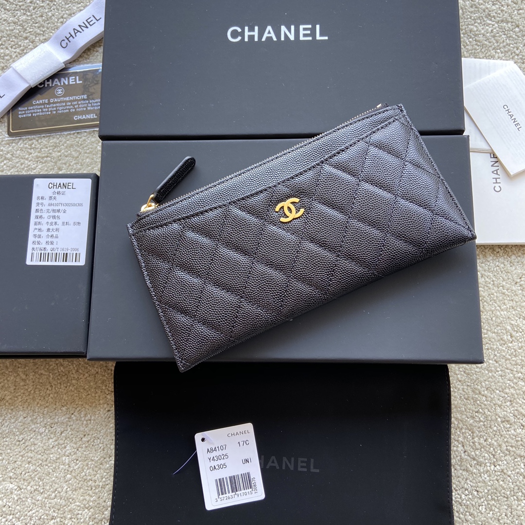 [TOP] CHANEL Wallet Grained Calfskin 19.5×10×2cm - Black & GHW/SHW