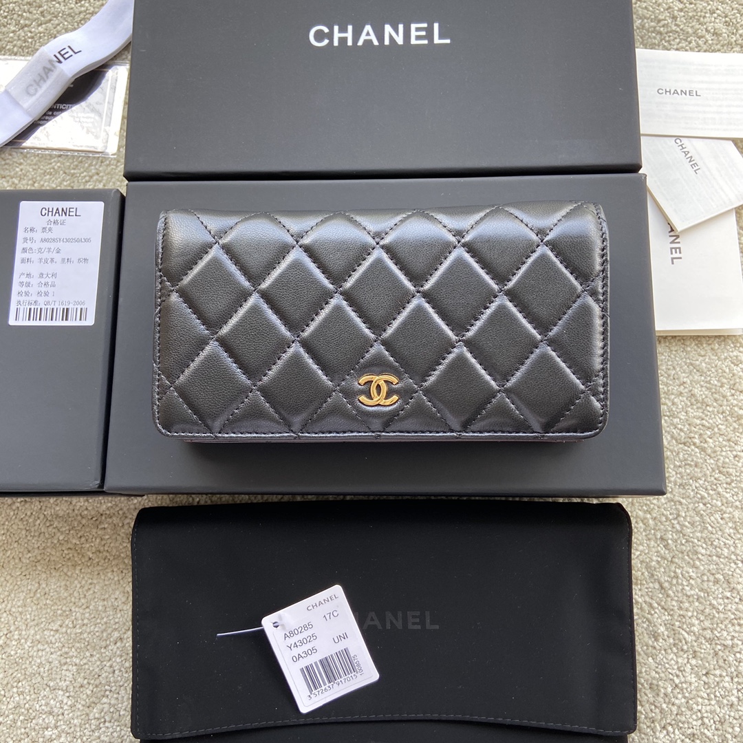 [TOP] CHANEL Wallet Lambskin 18.5×10×2.5cm - Black & GHW/SHW