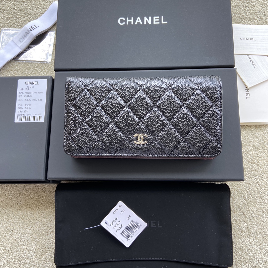 [TOP] CHANEL Wallet Grained Calfskin 18.5×10×2.5cm - Black & GHW/SHW