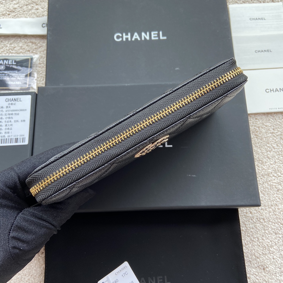 [TOP] CHANEL Wallet Grained Calfskin 19.5×10.5×2cm - Black & GHW