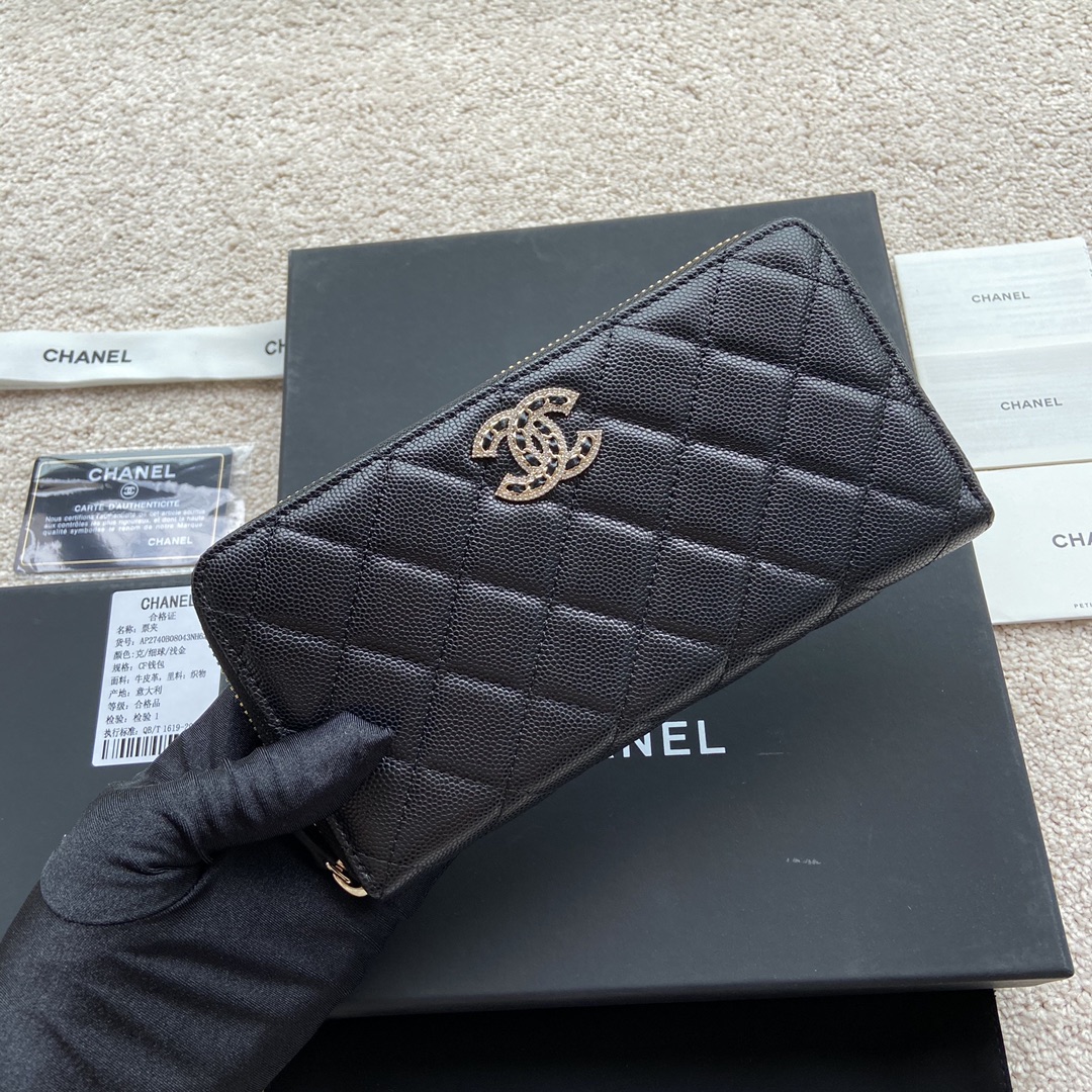 [TOP] CHANEL Wallet Grained Calfskin 19.5×10.5×2cm - Black & GHW