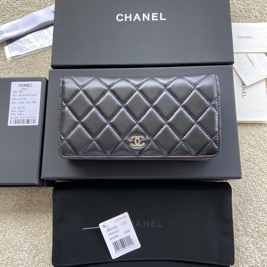 [TOP] CHANEL Wallet Lambskin 18.5×10×2.5cm - Black & GHW/SHW