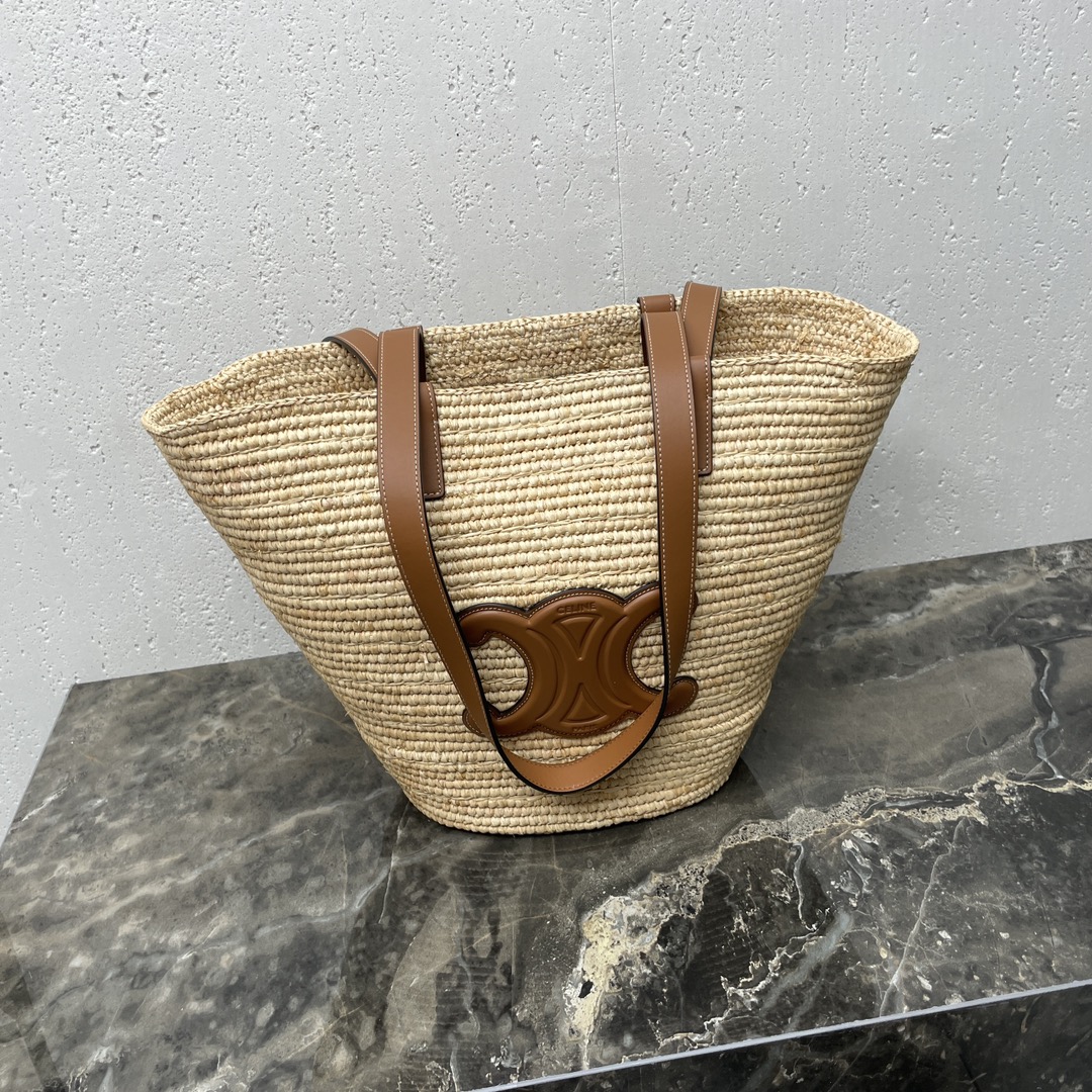 [TOP] CELINE Cow Leather Classic Straw Basket Bag 22*30*14CM - Apricot &Brown