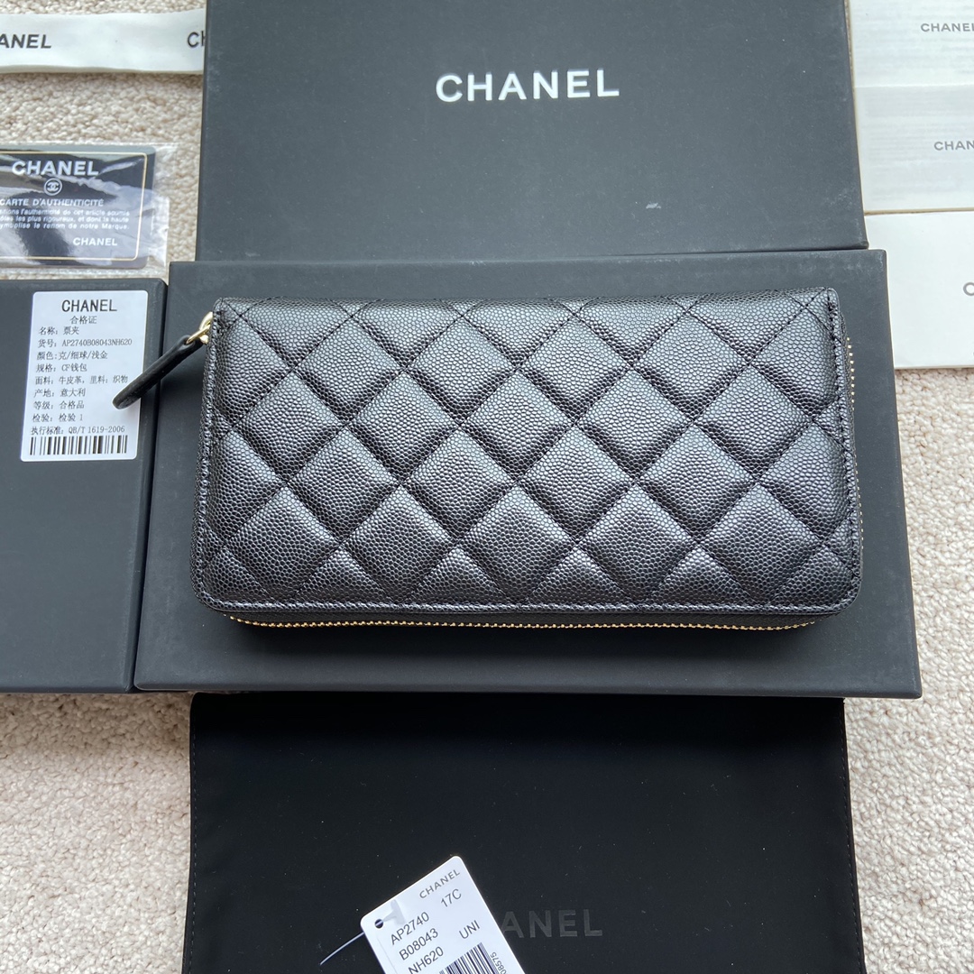 [TOP] CHANEL Wallet Grained Calfskin 19.5×10.5×2cm - Black & GHW