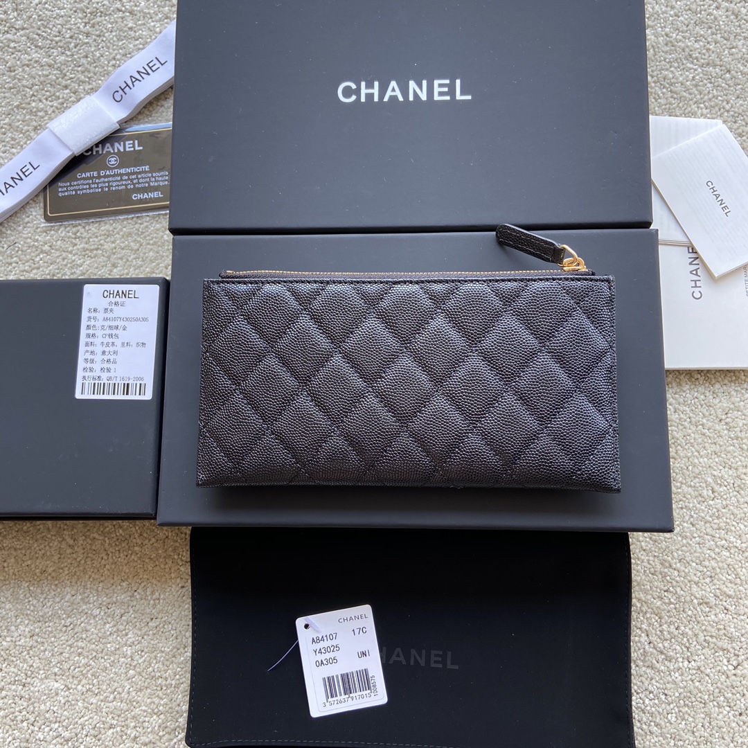 [TOP] CHANEL Wallet Grained Calfskin 19.5×10×2cm - Black & GHW/SHW
