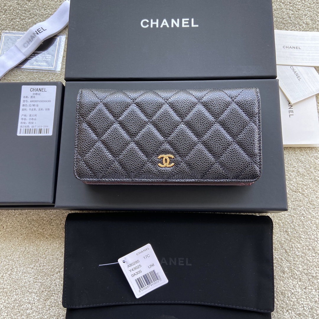 [TOP] CHANEL Wallet Grained Calfskin 18.5×10×2.5cm - Black & GHW/SHW