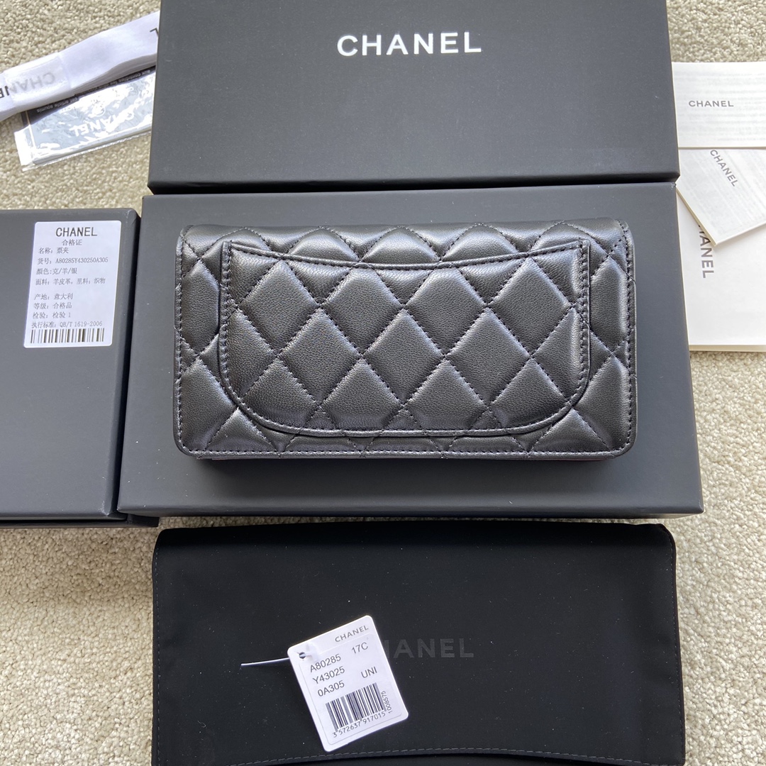 [TOP] CHANEL Wallet Lambskin 18.5×10×2.5cm - Black & GHW/SHW
