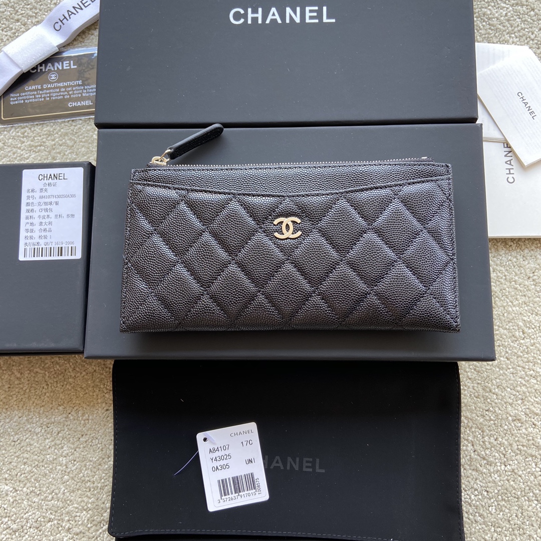 [TOP] CHANEL Wallet Grained Calfskin 19.5×10×2cm - Black & GHW/SHW