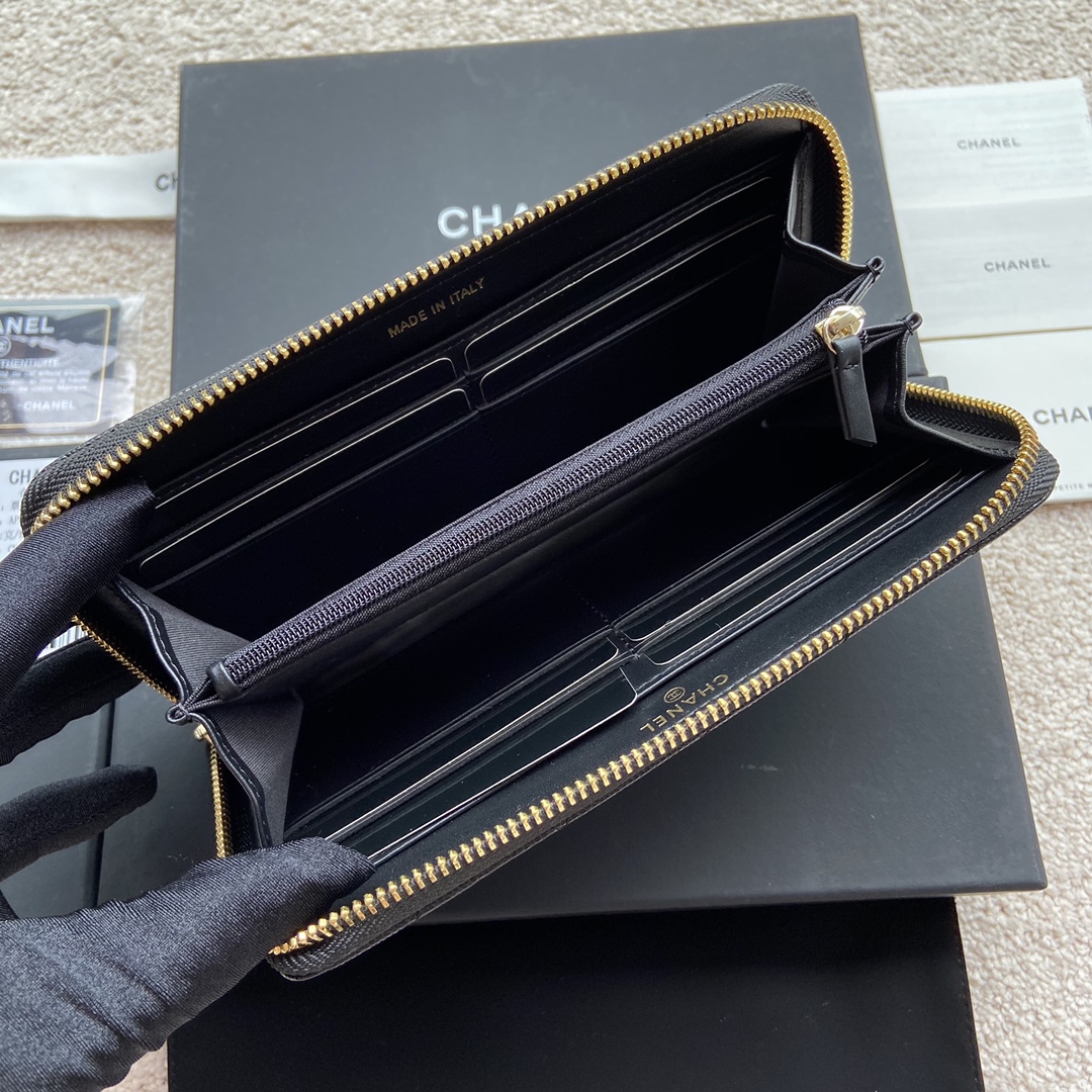[TOP] CHANEL Wallet Grained Calfskin 19.5×10.5×2cm - Black & GHW