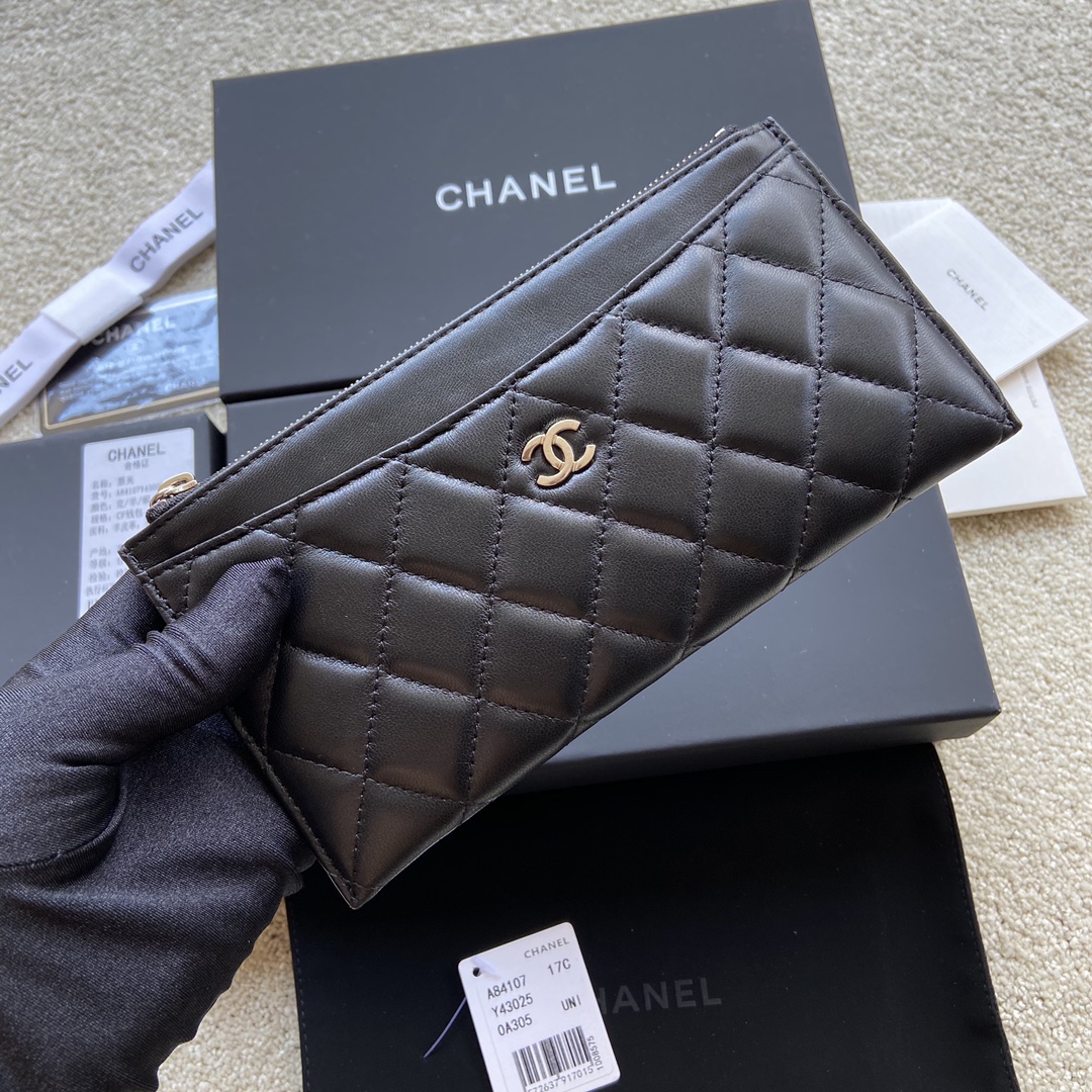 [TOP] CHANEL Wallet Lambskin 19.5×10×2cm - Black & GHW/SHW