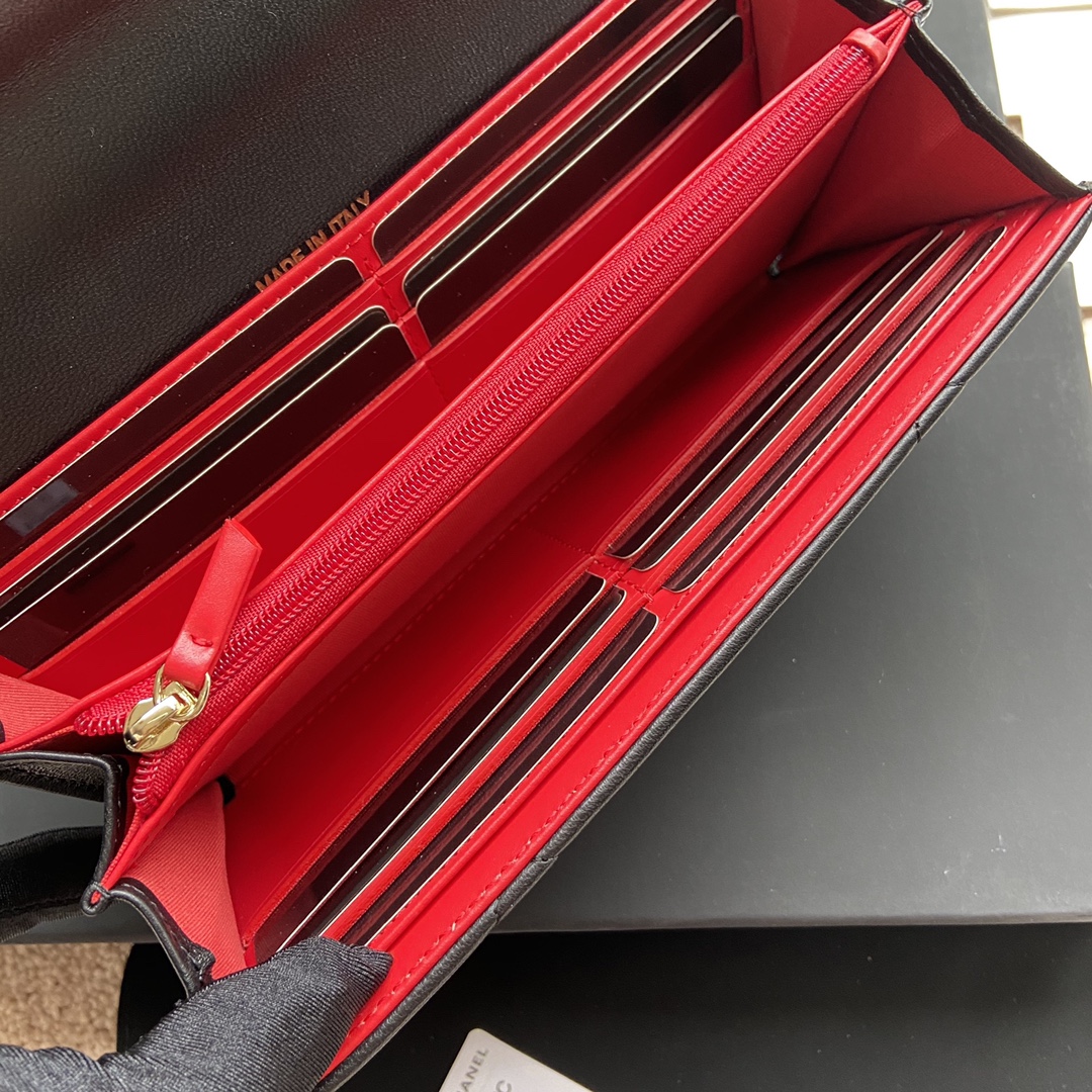 [TOP] CHANEL Wallet Lambskin 19×10.5×3cm - Black & GHW