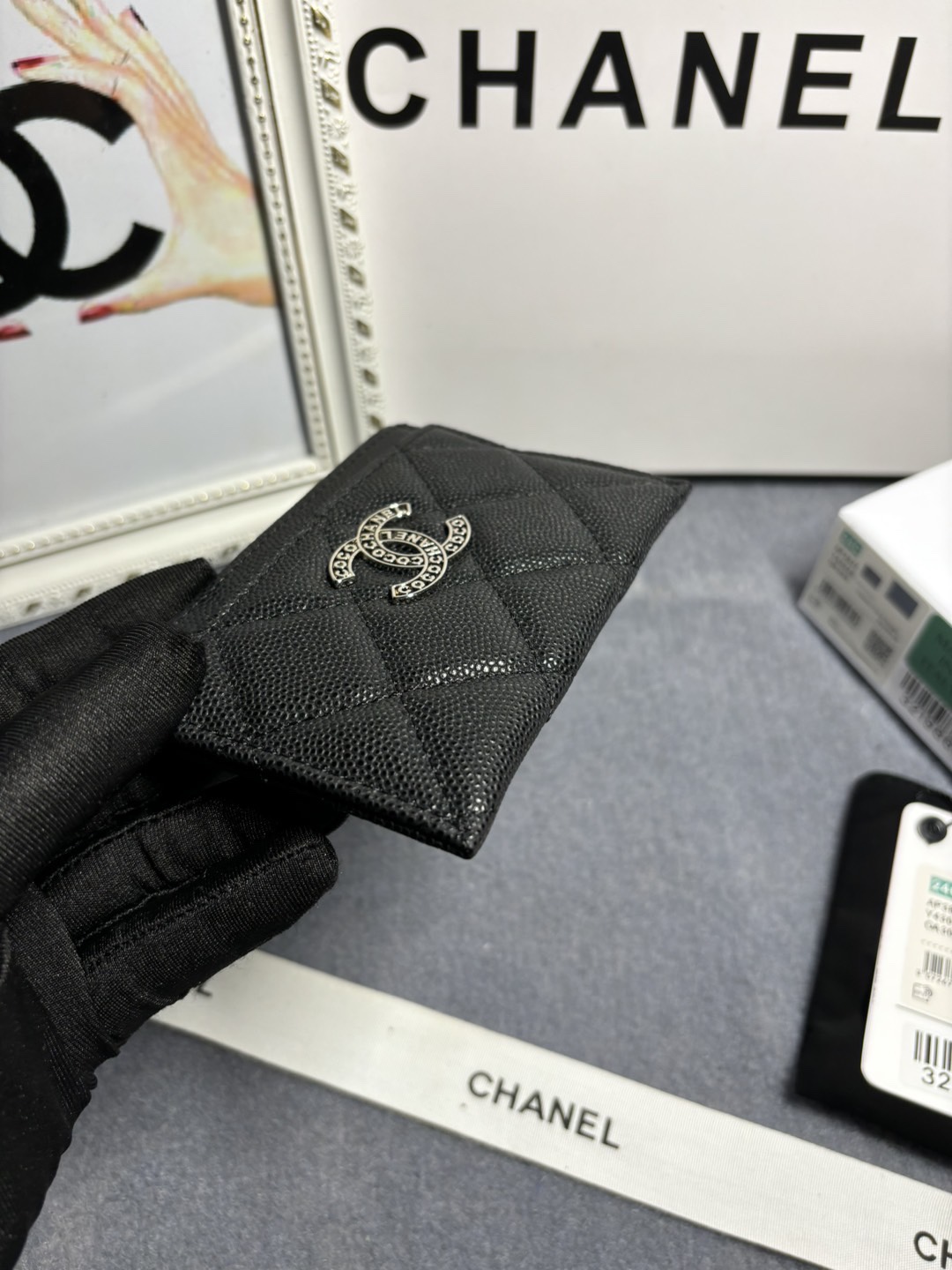 [TOP] CHANEL Hollow Letter CC Card Holder Wallet 11x8x2cm - Black