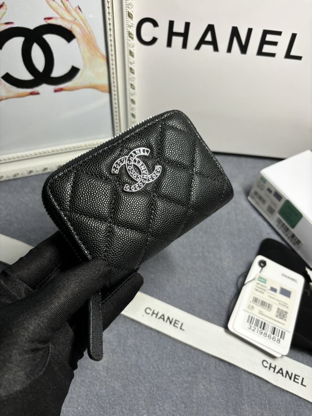 [TOP] CHANEL Hollow Letter CC Card Holder Wallet 11x7.5x2cm - Black