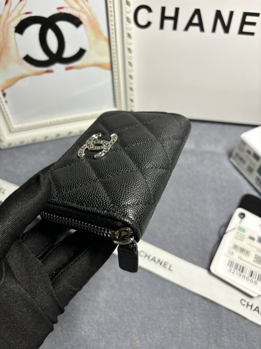 [TOP] CHANEL Hollow Letter CC Card Holder Wallet 11x7.5x2cm - Black