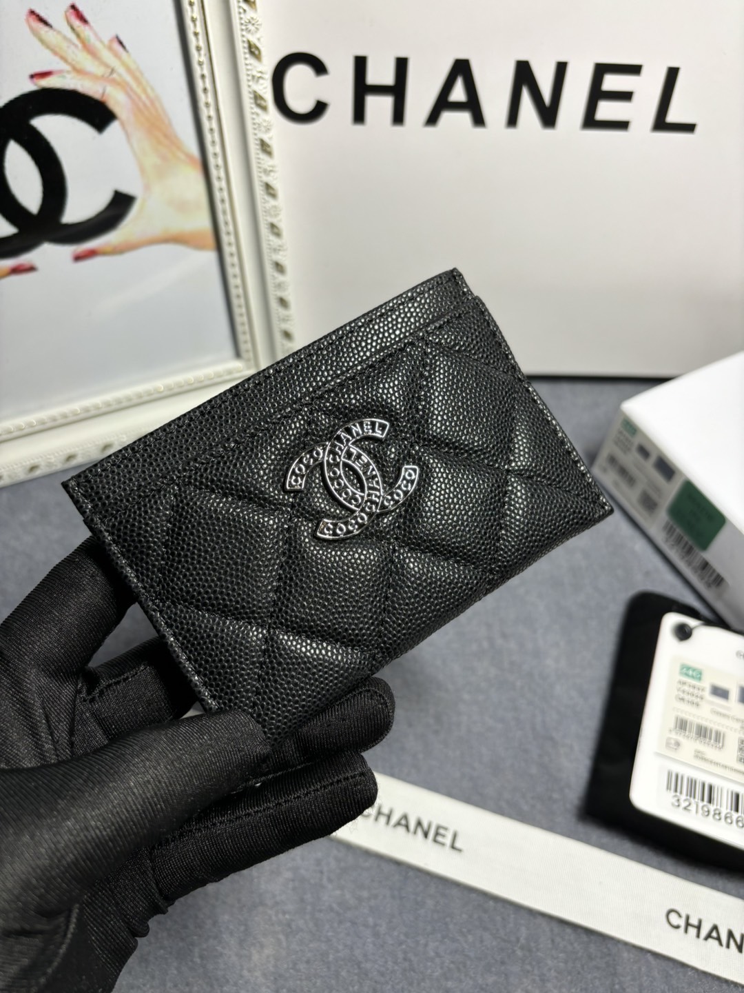 [TOP] CHANEL Hollow Letter CC Card Holder Wallet 11x8x2cm - Black