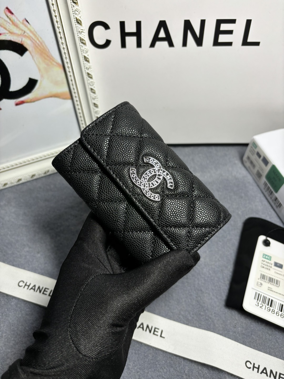 [TOP] CHANEL Hollow Letter CC Card Holder Wallet 11x7x2cm - Black