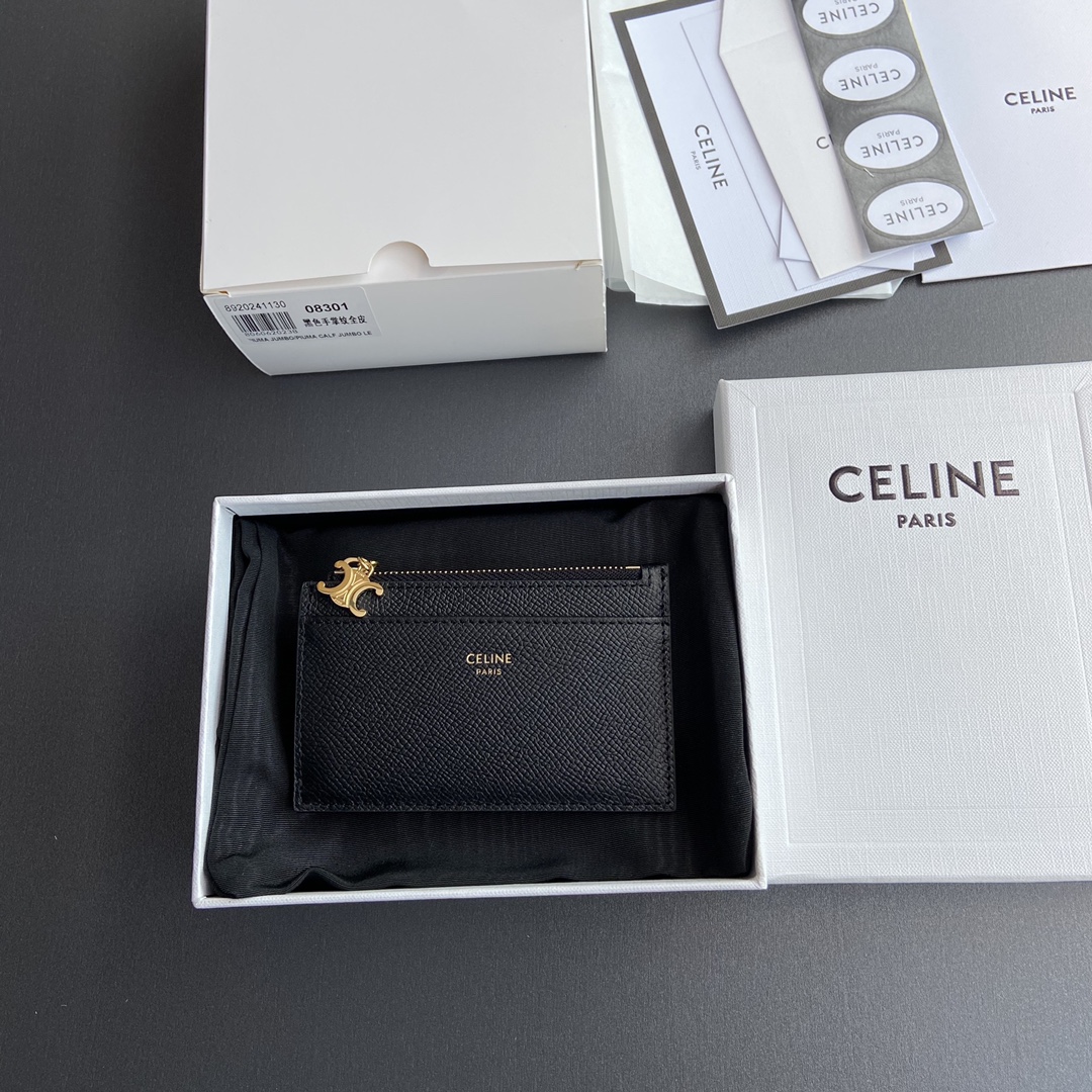 [TOP] CELINE Triomphe Calf Leather Palm Lines Zippered Card Holder 11x7.5cm - Black & GHW
