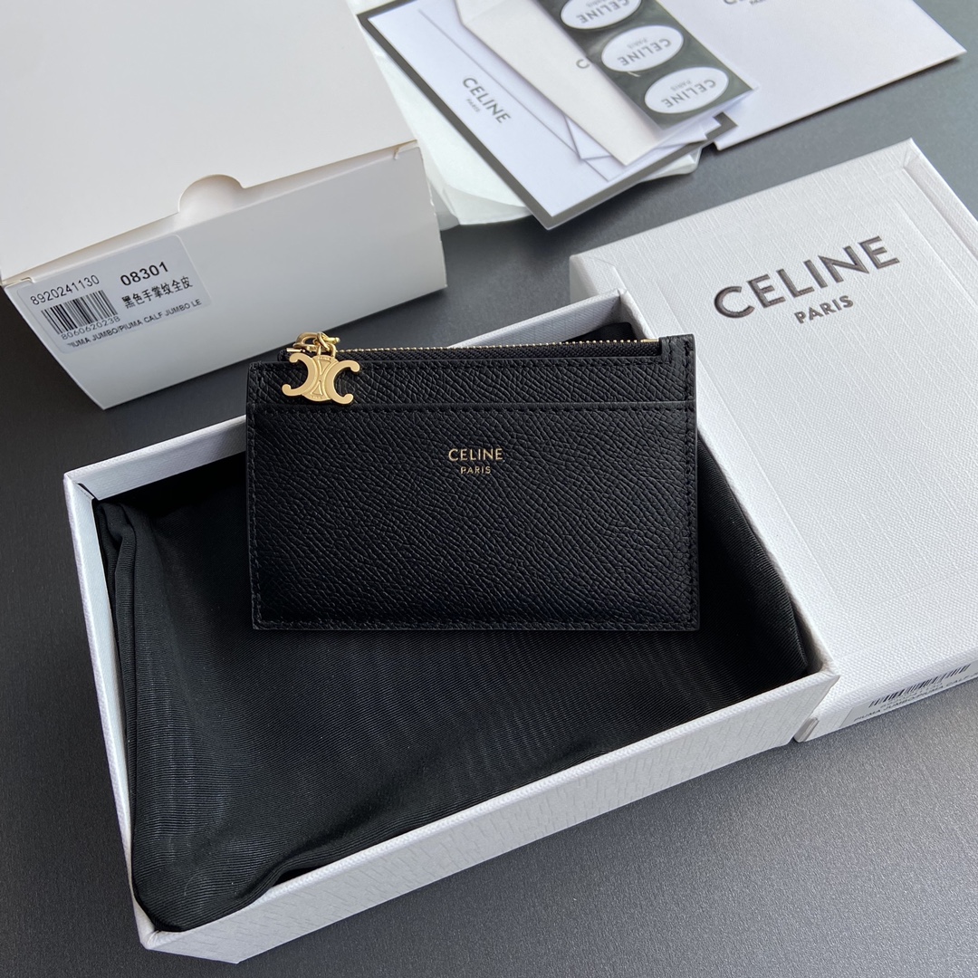 [TOP] CELINE Triomphe Calf Leather Palm Lines Zippered Card Holder 11x7.5cm - Black & GHW