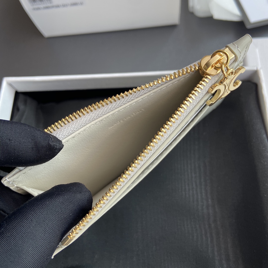 [TOP] CELINE Triomphe Calf Leather Zippered Card Holder 11x7.5cm - Gray & GHW