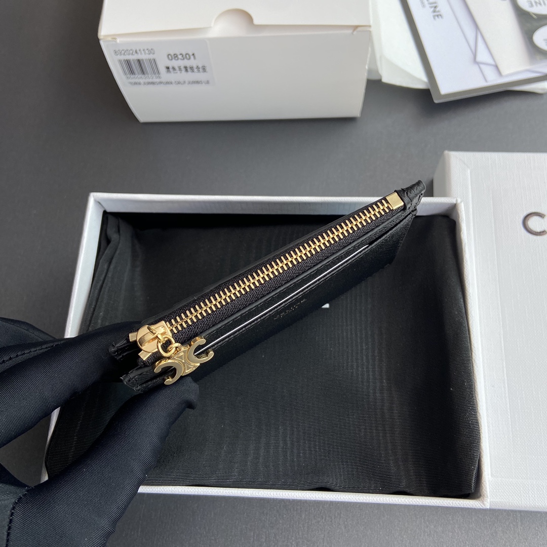 [TOP] CELINE Triomphe Calf Leather Palm Lines Zippered Card Holder 11x7.5cm - Black & GHW