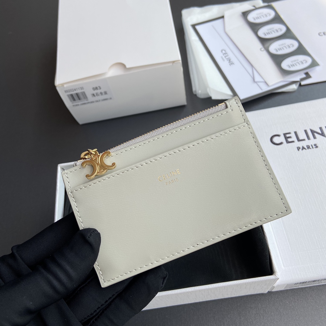 [TOP] CELINE Triomphe Calf Leather Zippered Card Holder 11x7.5cm - Gray & GHW