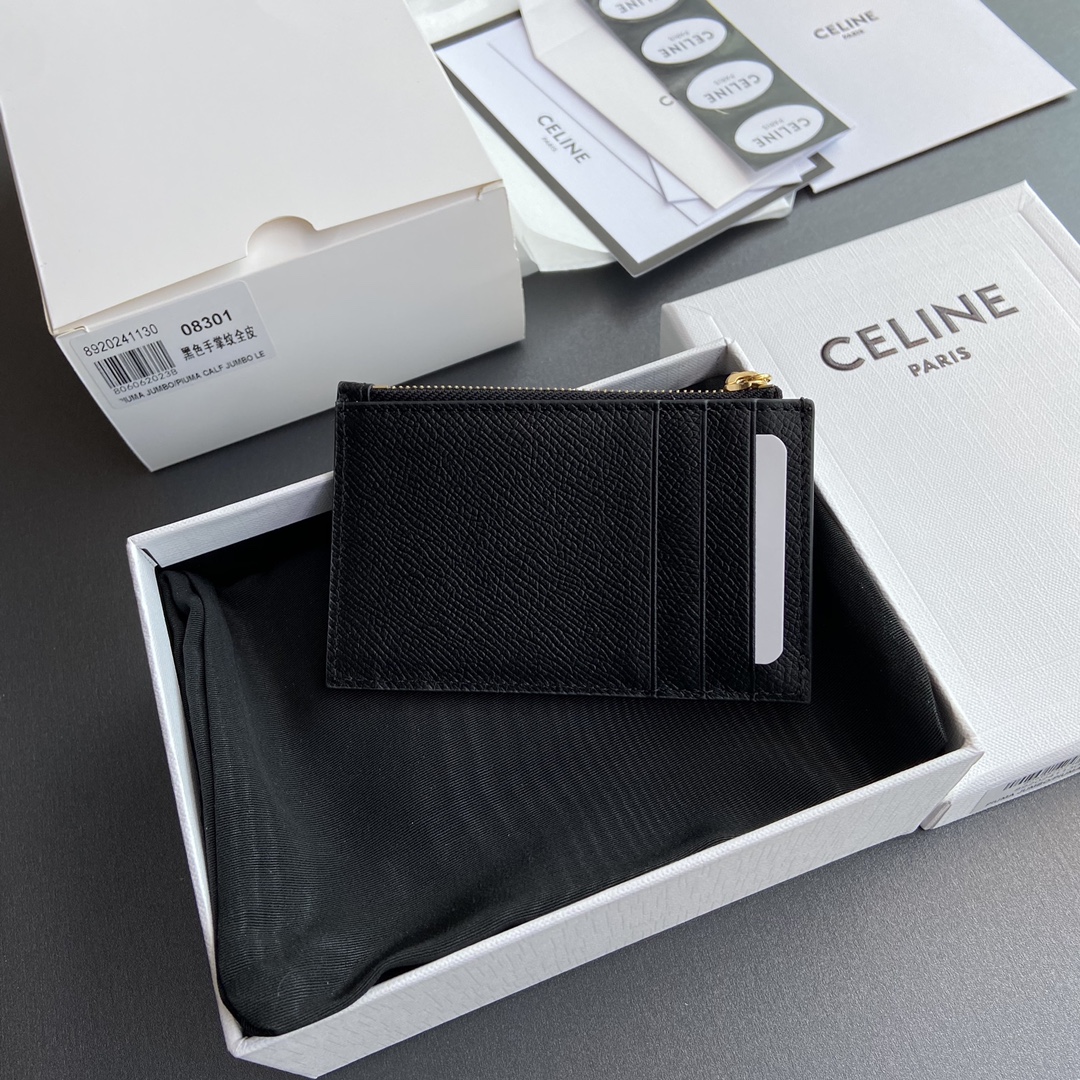 [TOP] CELINE Triomphe Calf Leather Palm Lines Zippered Card Holder 11x7.5cm - Black & GHW