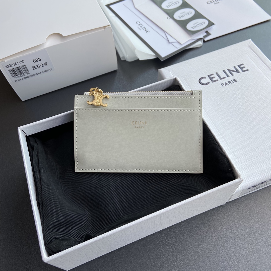 [TOP] CELINE Triomphe Calf Leather Zippered Card Holder 11x7.5cm - Gray & GHW