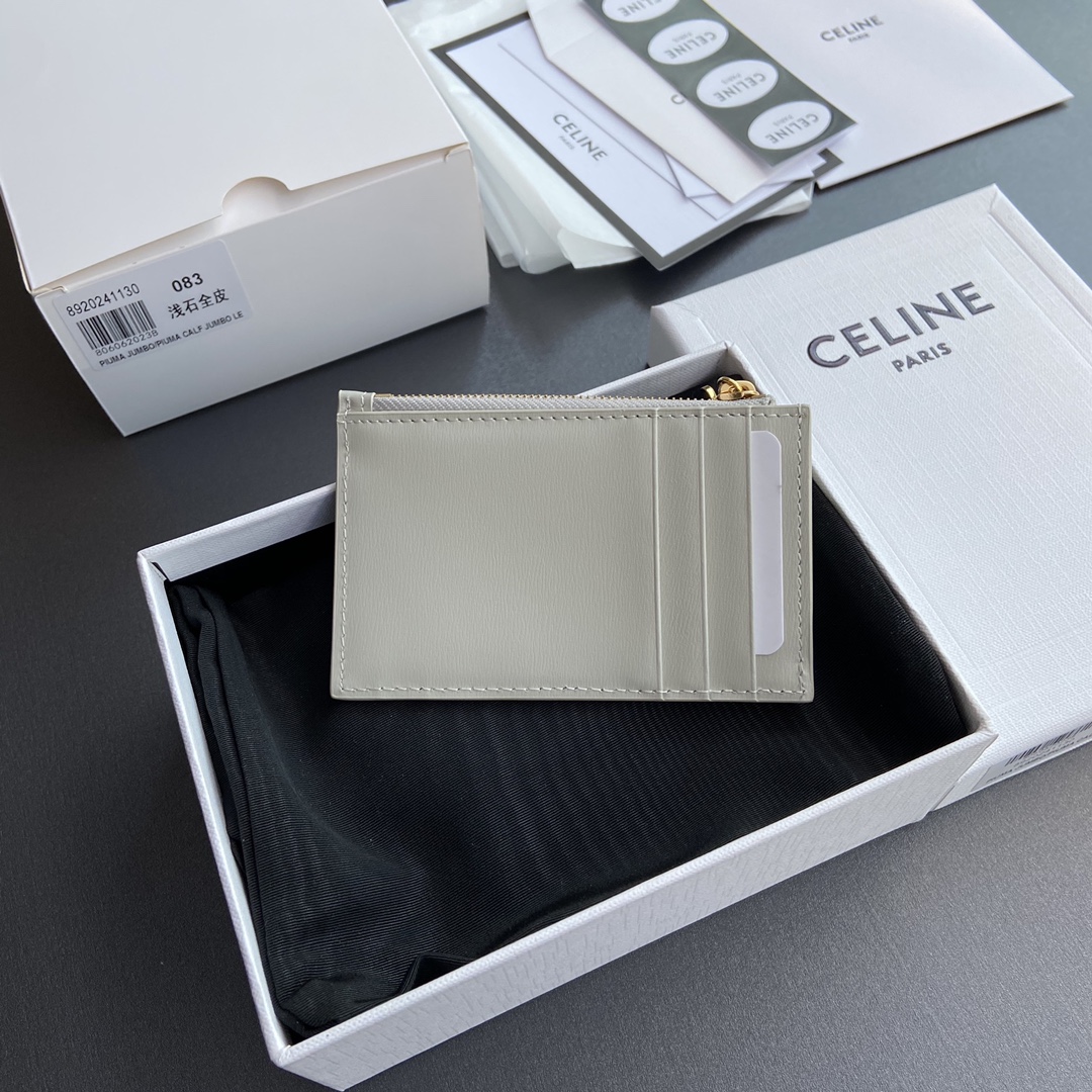 [TOP] CELINE Triomphe Calf Leather Zippered Card Holder 11x7.5cm - Gray & GHW