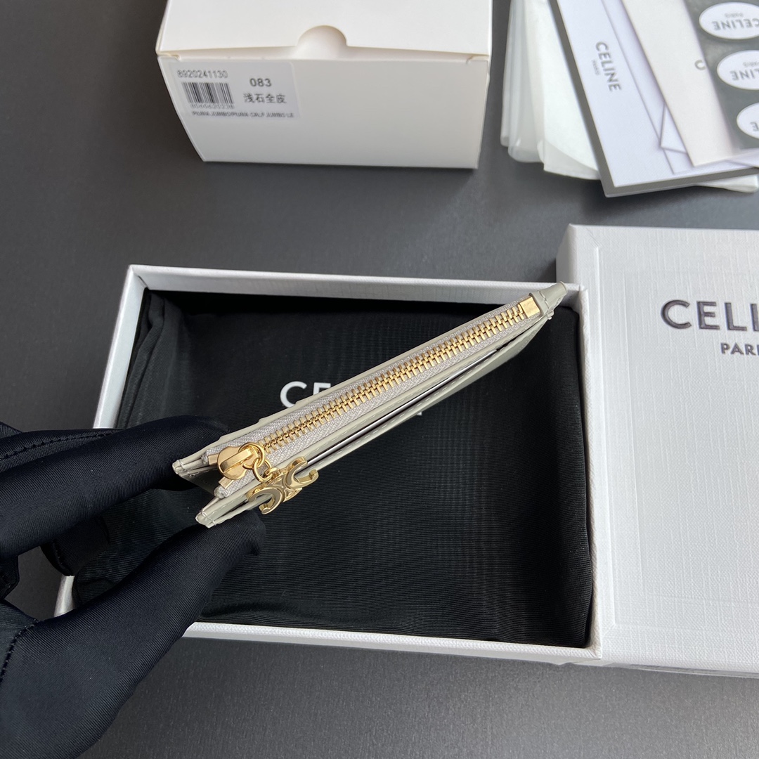 [TOP] CELINE Triomphe Calf Leather Zippered Card Holder 11x7.5cm - Gray & GHW