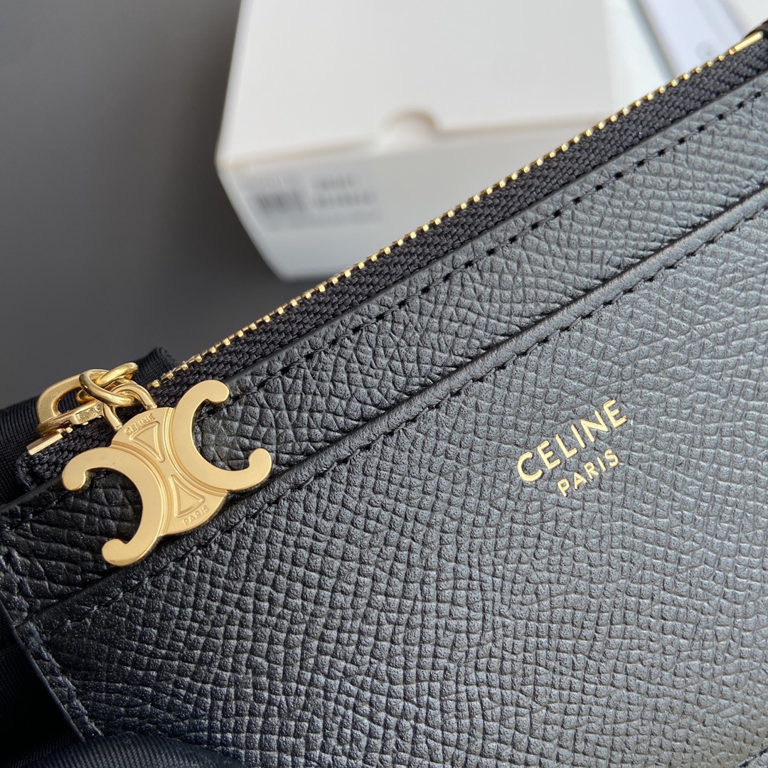 [TOP] CELINE Triomphe Calf Leather Palm Lines Zippered Card Holder 11x7.5cm - Black & GHW