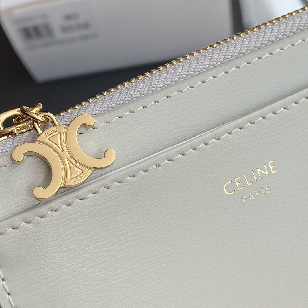 [TOP] CELINE Triomphe Calf Leather Zippered Card Holder 11x7.5cm - Gray & GHW