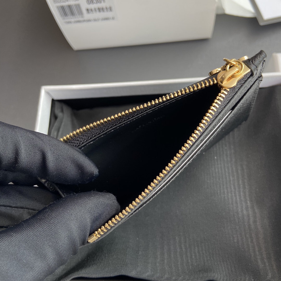 [TOP] CELINE Triomphe Calf Leather Palm Lines Zippered Card Holder 11x7.5cm - Black & GHW