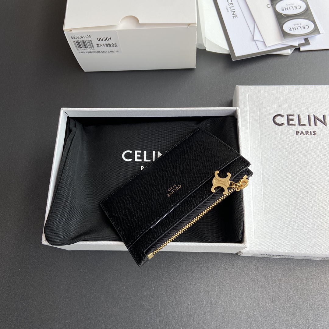 [TOP] CELINE Triomphe Calf Leather Palm Lines Zippered Card Holder 11x7.5cm - Black & GHW