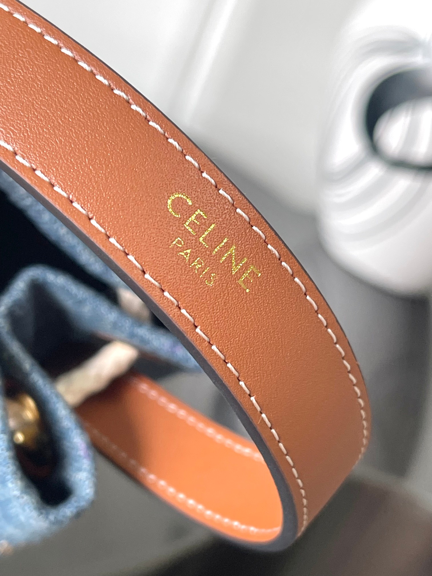 [TOP] CELINE Riveted Denim Fabric Cow Leather Drawstring Bag 15 *19 *15cm - Blue