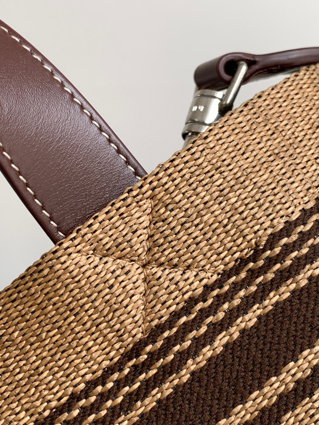 [TOP] CELINE Striped Woven Fabric Cow Leather Cabas Tote Bag 23x19x11cm - Brown