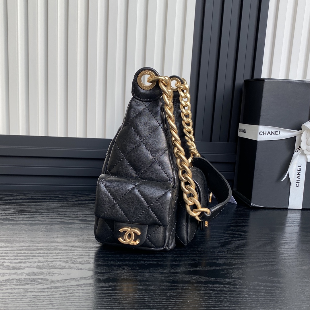 [TOP] CHANEL Hobo Bag 22x31x15cm/27x35x18cm - Black