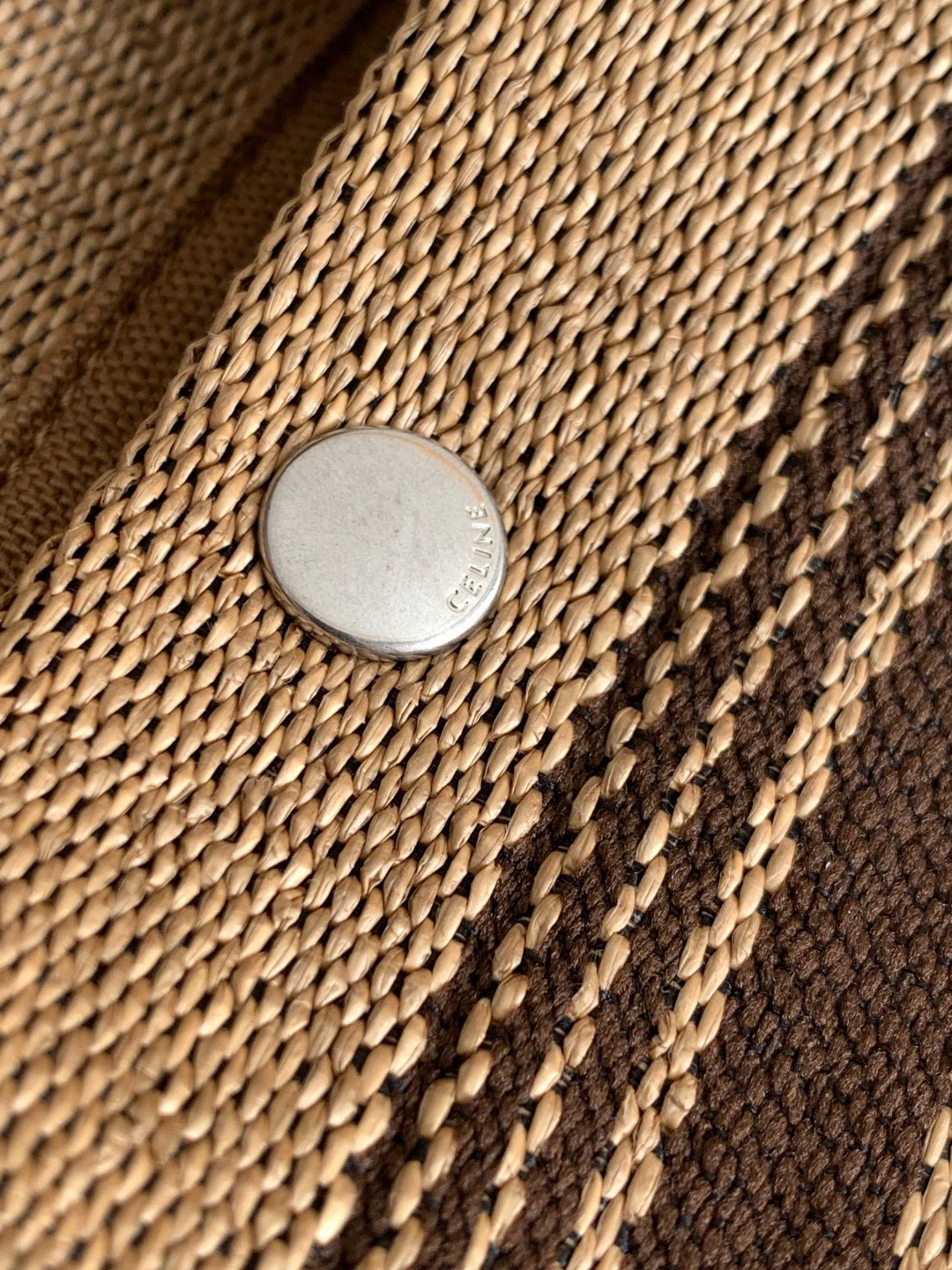 [TOP] CELINE Striped Woven Fabric Cow Leather Cabas Tote Bag 23x19x11cm - Brown