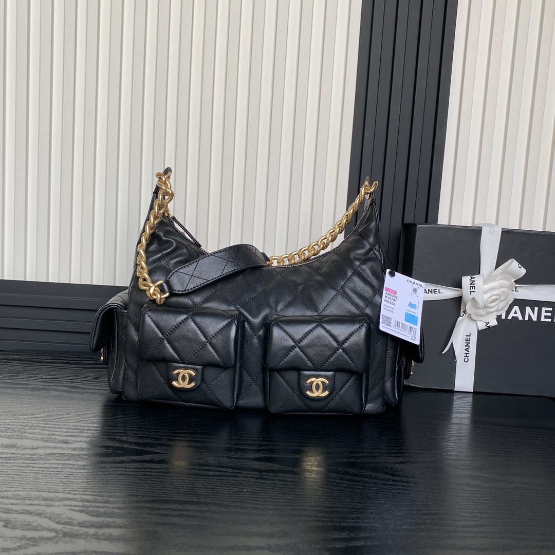 [TOP] CHANEL Hobo Bag 22x31x15cm/27x35x18cm - Black