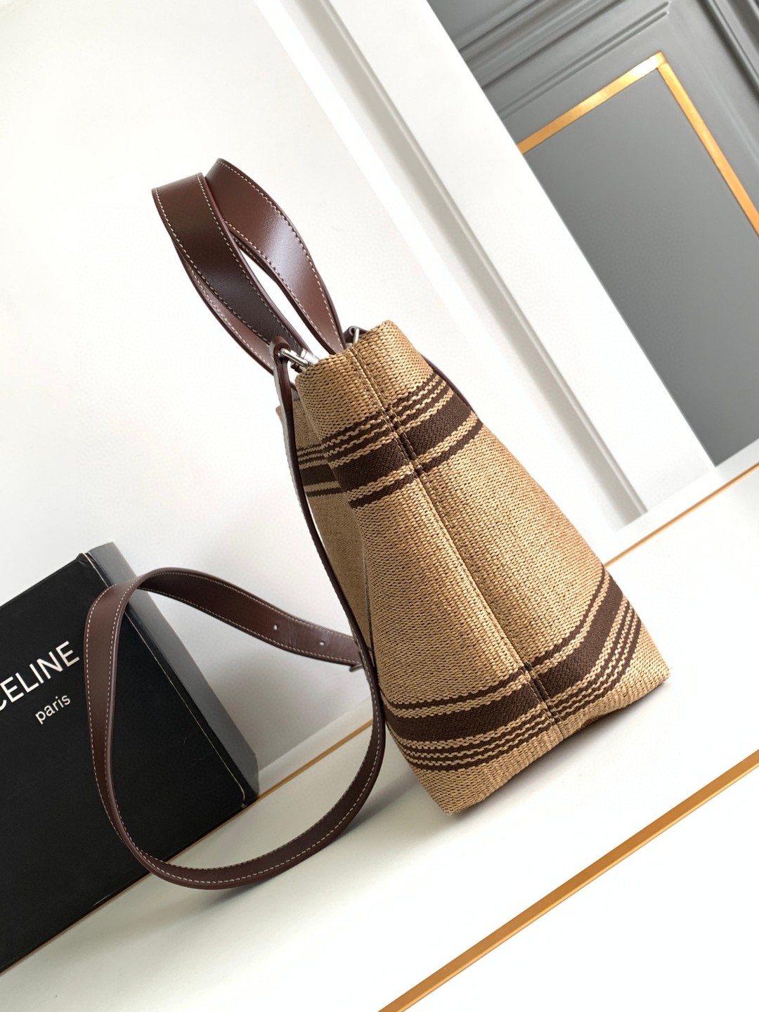 [TOP] CELINE Striped Woven Fabric Cow Leather Cabas Tote Bag 23x19x11cm - Brown