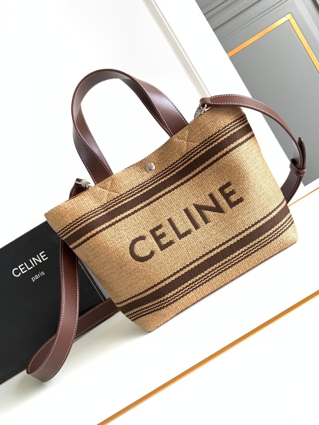 [TOP] CELINE Striped Woven Fabric Cow Leather Cabas Tote Bag 23x19x11cm - Brown
