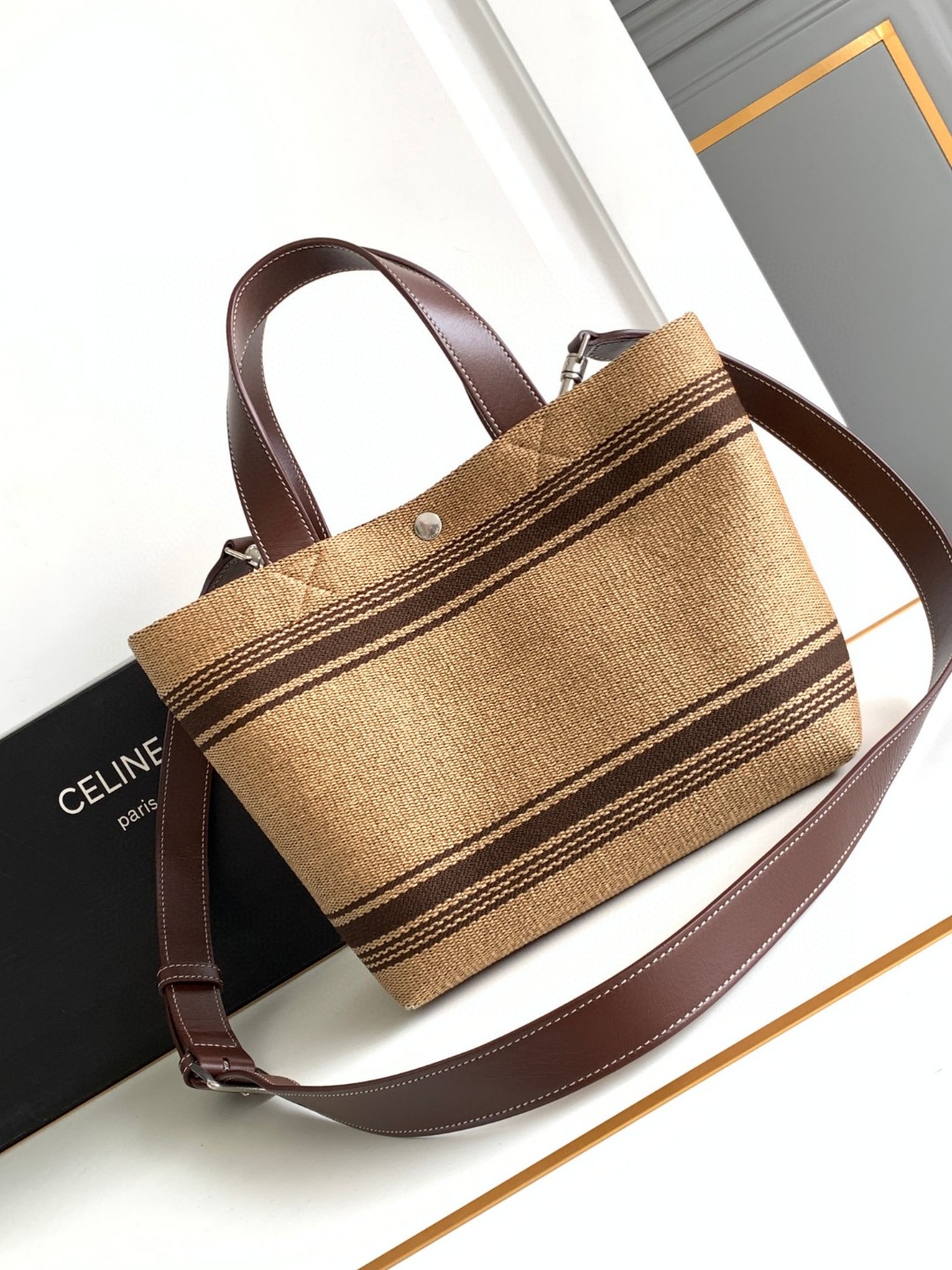 [TOP] CELINE Striped Woven Fabric Cow Leather Cabas Tote Bag 23x19x11cm - Brown