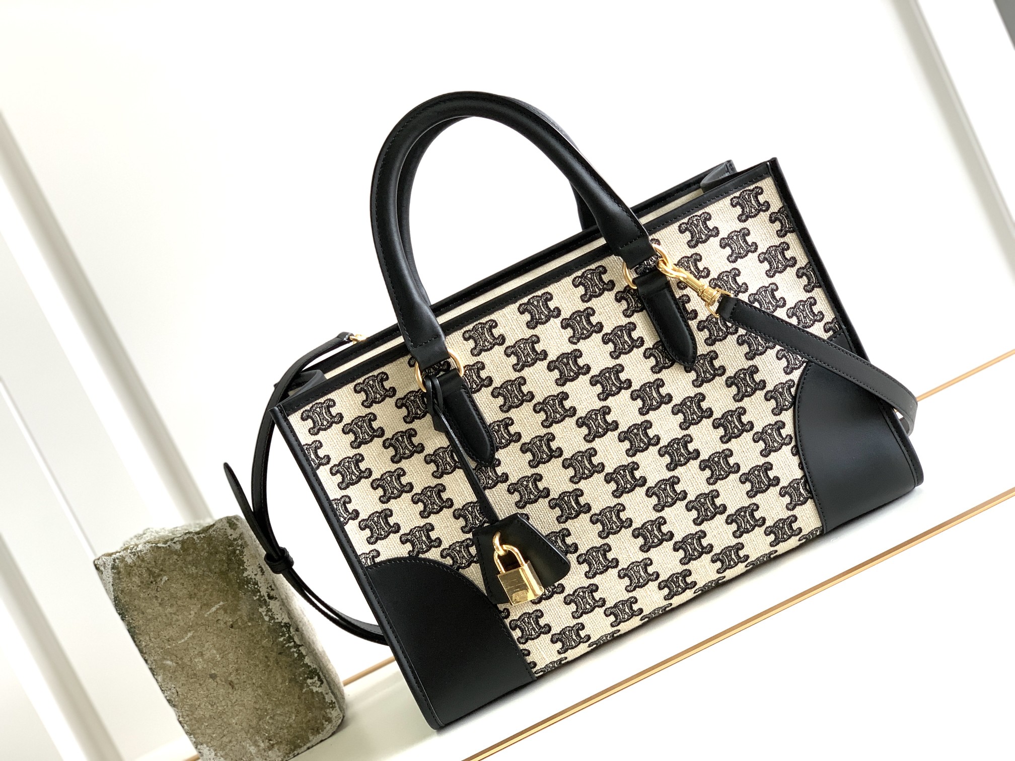 [TOP] CELINE Cabas bag Printed Cow Leather Horizontal Mini Handbag 35*22*7cm - Black