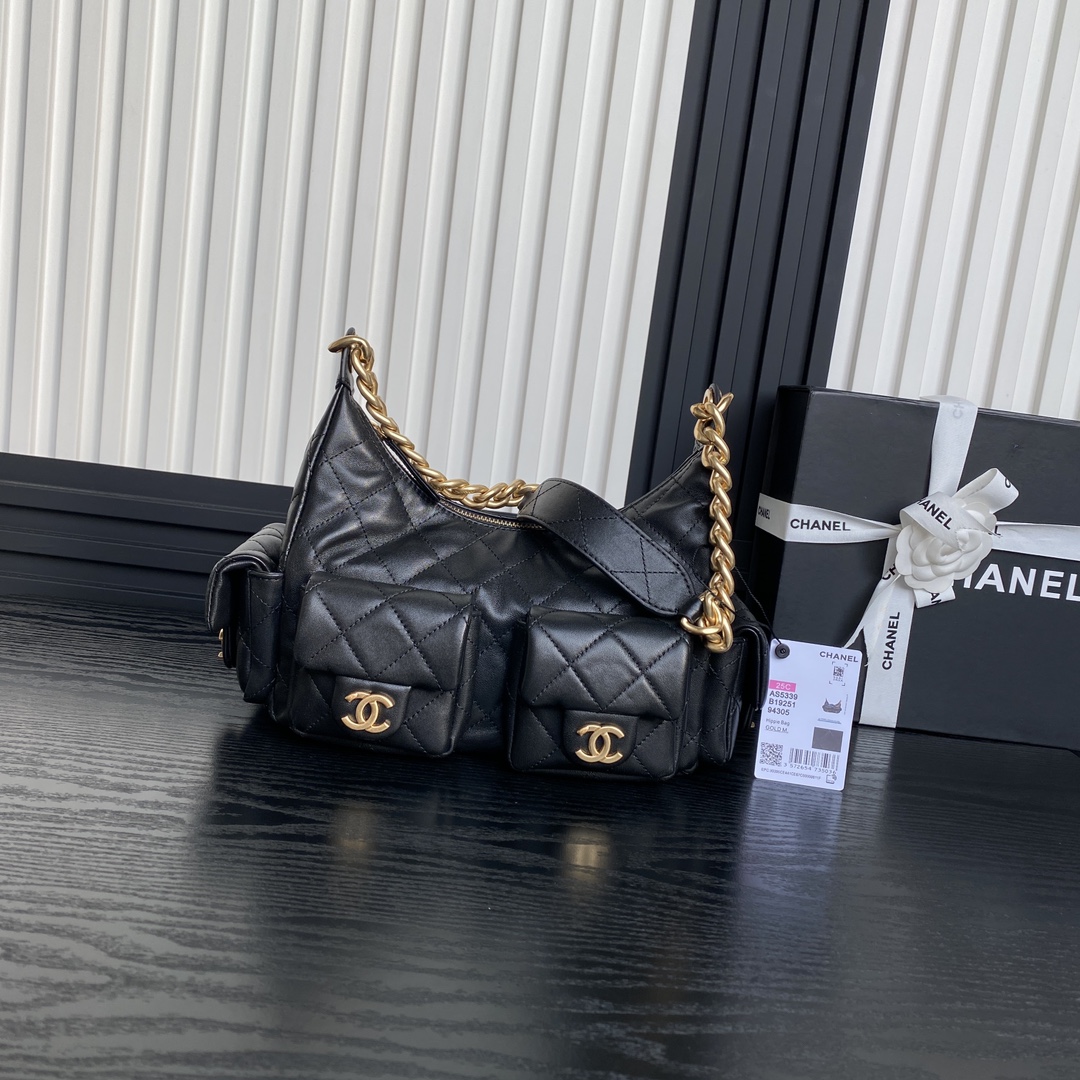 [TOP] CHANEL Hobo Bag 22x31x15cm/27x35x18cm - Black